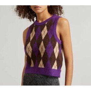 LEVIS Deja Vu Sweater Vest Womens Size XS Purple Brown Argyle Super Cozy Plush